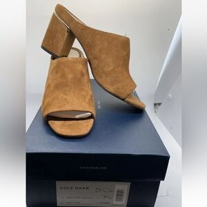 Cole Haan Grand OS Laree Sz 9.5B Open Toe Mule Gold Trim Block Heels